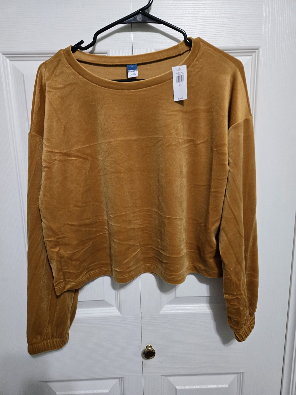 Velvet Long-Sleeve Crewneck Top - Mustard Size L